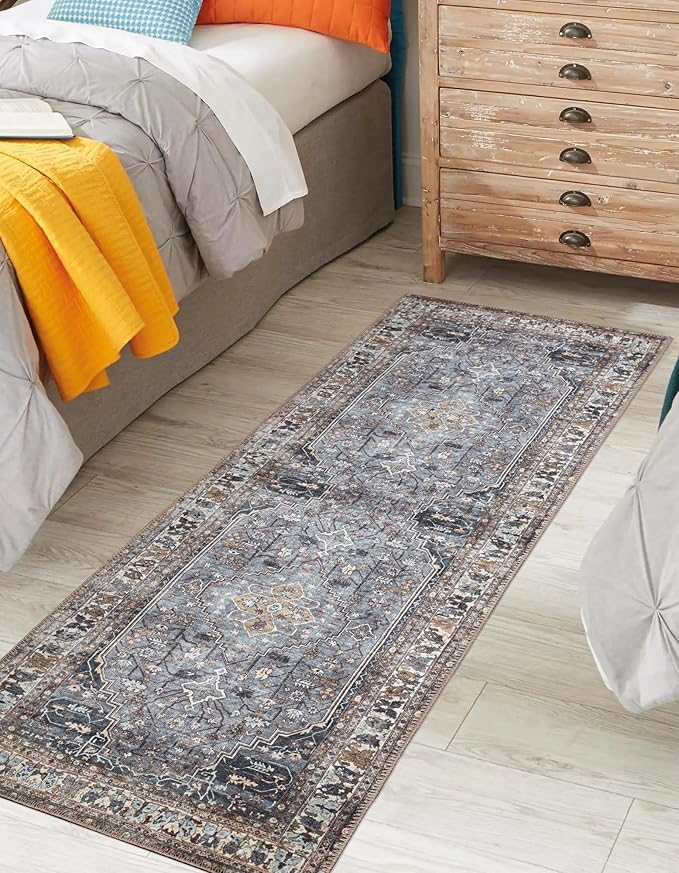 Keen Home Design Machine Washable Area Rugs with Non-Slip Backing,Ideal for Hallway,Living Room,Bedroom,Kitchen and Laundry Room,Vintage Moroccan and Low Pile Rug-(2'6''x10'),Smoke Grey/ Cold Green