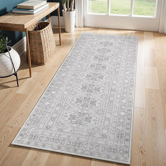 2x6 Runner Rug Kitchen Washable: Oriental Indoor Hallway Runners with Non Slip Backing Floor Mat for Entryway Door Low Pile Thin Carpet for Bedroom Bathroom Living Room Bedside Grey