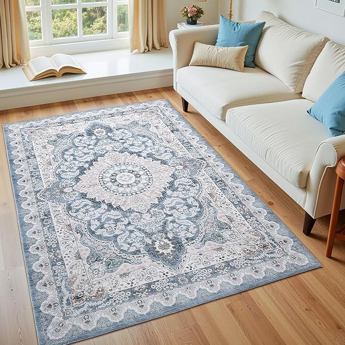 3x5 Area Rug for Bedroom, Machine Washable Rugs with Non-Slip Backing for Living Room, Soft Vintage Carpet Kitchen Laundry Kids Room Decor, Blue & Beige