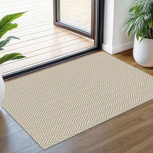 Small Braided Rugs 2x3 Ft Area Rugs for Entryway Boho Washable Rug Throw Rugs with Rubber Backing Cotton Woven Door Mat Indoor Entrance Front Door Rugs for Foyer Bathroom Kitchen, Beige/White