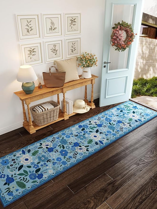 Runners for Hallways Kitchen Rug Non Slip 2'x 10' Long Washable Runner Rugs with Rubber Backing Soft Floral Carpet Runner for Hallways, Kitchen, Laundry, Bedroom, Bathroom(Blue)