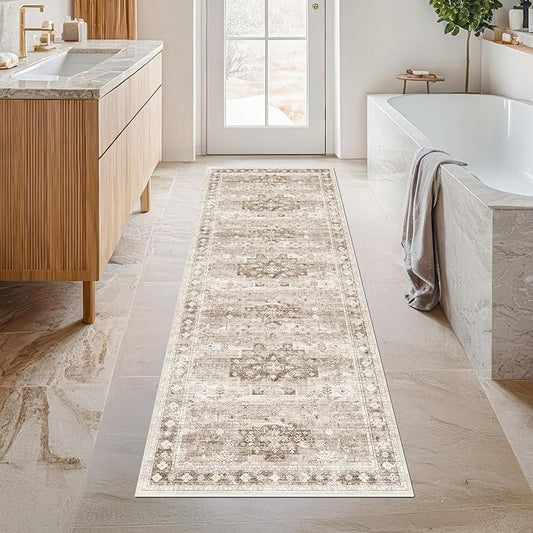 Boho Long Bathroom Runner Rug 24 x 72 Washable Non Slip - Soft Stain Reistant Rugs for Kitchen, Laundry Room, Hallway Runner - Neutral Floral Design Décor (2x6 Beige/Latte)