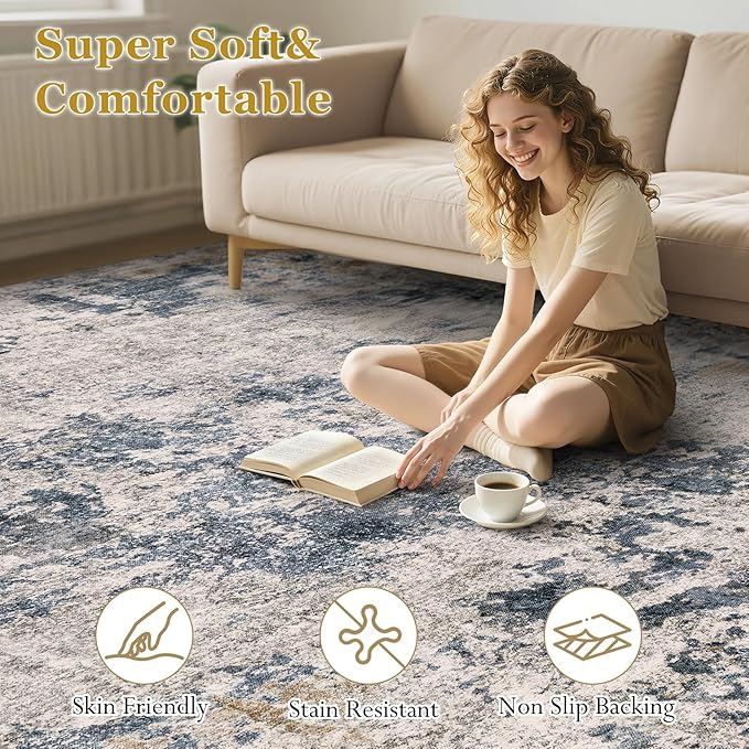 Area Rugs for Living Room: 5x7 Abstract Washable Rug Large Soft Stain Resistant Non-Slip Backing for Bedroom Dining Room Indoor Home Office Carpet for Kids Pet Friendly Families - Blue Brown
