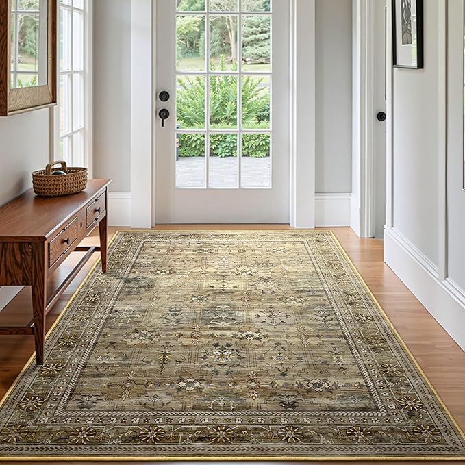 4x6 Area Rug for Bedroom Machine Washable, Non Slip Vintage Floral Kitchen Rugs for Dining Room, Low Pile Indoor Floor Print Carpet for Nursery Farmhouse Home Office Olive/Charcoal