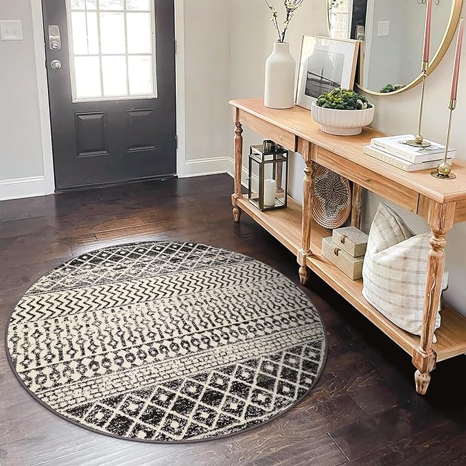 Moroccan Round Rug 3ft, Black Distressed Entryway Rug Non-Slip Circle Rug, Washable Non-Shedding Throw Rugs Indoor Door Mat for Bedroom Bathroom Kitchen Laundry Room Nursery