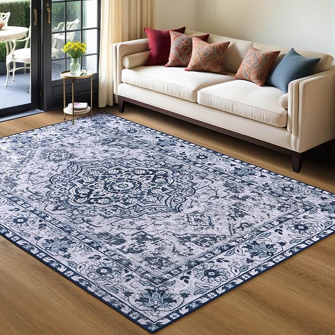 YJ.GWL Large Area Rug for Living Room, 5x8 Machine Washable Boho Rug for Bedroom, Low Pile Lightweight Thin Rugs Floral Vintage Distress Print Pattern Carpet for Dining Room, Blue/White