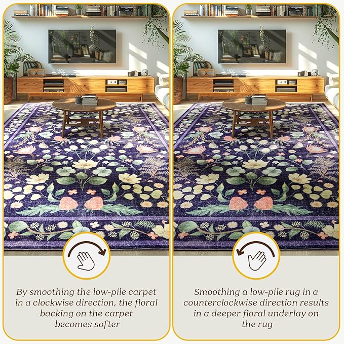 Area Rugs for Living Room, Washable 5x7 Vintage Rug for Bedroom, Non-Slip Floral Carpet for Home Office Nursery Dining Room Kitchen, Purple