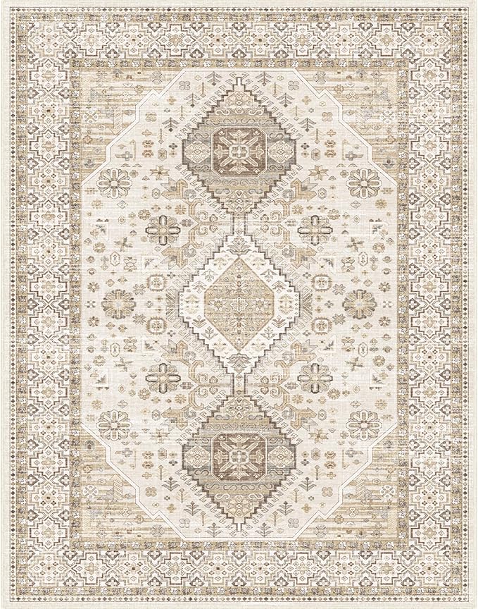 Washable Vintage Area Rug 7x9 Boho Chic Medallion Distressed Design Non-Shedding Easy Care Ideal for High Traffic Areas in Living Room Bedroom Kitchen Office Large Carpet (Beige/Cream, 7X9)