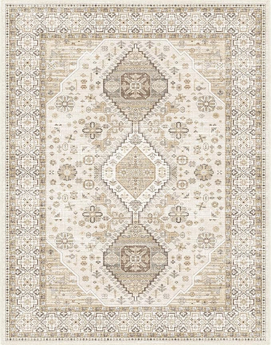 Washable Vintage Area Rug 7x9 Boho Chic Medallion Distressed Design Non-Shedding Easy Care Ideal for High Traffic Areas in Living Room Bedroom Kitchen Office Large Carpet (Beige/Cream, 7X9)