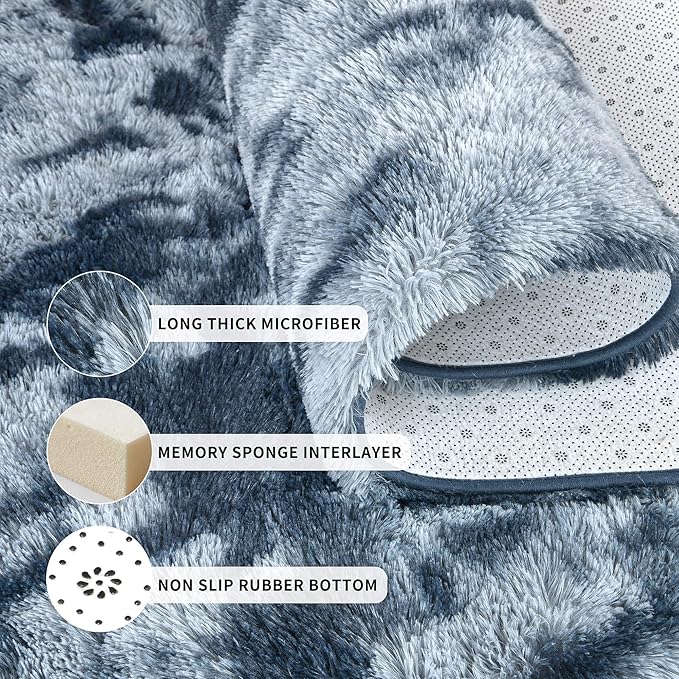 Tepook Fluffy Runner Rugs for Bedroom Aesthetic 2x6 Feet, Shag Soft Bedside Rug with Non-Slip Bottom, Fuzzy Plush Carpet for Room, Hallway Rug for Nursery Dorm Indoor Home Decor, Tie-dye Dark Blue