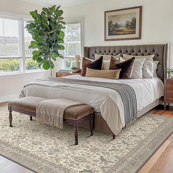 8X10 Area Rugs Machine Washable Rugs for Living Room, Vintage Boho Large Rugs for Bedroom Dining Room, Non Slip Indoor Soft Distressed Lightweight Thin Low Pile Carpet, Cream