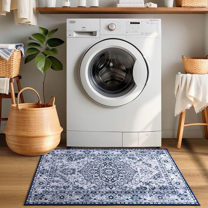 YJ.GWL Doormat Boho Area Rug 2x3, Machine Washable Small Low Pile Lightweight Thin Entryway Rug, Floral Vintage Distress Print Pattern Carpet for Entrance Kitchen Bedroom, Blue/White