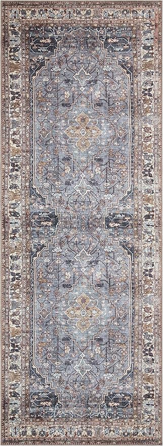 Keen Home Design Machine Washable Area Rugs with Non-Slip Backing,Ideal for Hallway,Living Room,Bedroom,Kitchen and Laundry Room,Vintage Moroccan and Low Pile Rug-(2'6''x10'),Smoke Grey/ Cold Green