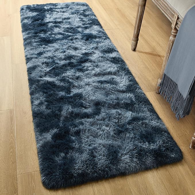 Tepook Fluffy Runner Rugs for Bedroom Aesthetic 2x6 Feet, Shag Soft Bedside Rug with Non-Slip Bottom, Fuzzy Plush Carpet for Room, Hallway Rug for Nursery Dorm Indoor Home Decor, Tie-dye Dark Blue