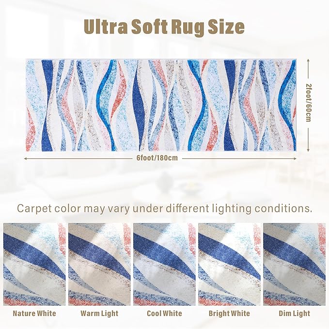 Carvapet Runner Rugs for Hallway Laundry Bedroom, Modern Low Pile Long Carpet with Rubber Backing, Foldable, Non Slip Machine Washable (6 x 2 Feet Rectangular, Orange/Blue Runner Rug)