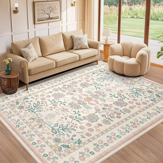10x14 Area Rug Living Room Rugs - Washable Boho Vintage Floral Large Soft Non Slip Thin Rug Low Pile Carpet for Bedroom Dining Room Kids Playroom Office Decor Indoor- Pink