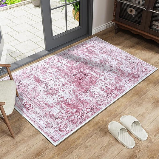 Keeko Small Rugs for Entryway, 2x3 Living Room Area Rug Vintage Door Mat Accent Bedroom Bedside Rug Indoor Retro Non Slip Front Door Print Throw Rugs for Kitchen Laundry Room Decor Reddish Pink