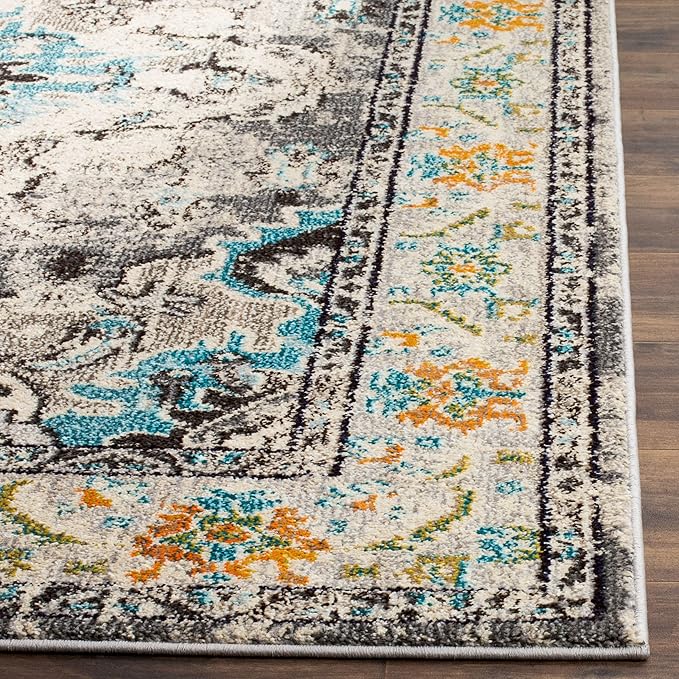 SAFAVIEH Monaco Collection 2'2" x 10' GreyLight Blue MNC243G Boho Chic Medallion Distressed Non-Shedding Living Room Entryway Foyer Hallway Bedroom Runner Rug