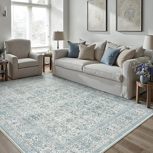 Vintage Area Rug 5x7 Blue Washable Living Room Large Carpet Non Slip Bedroom Indoor Office Low Pile Traditional Distressed Retro Accent Rug for Dining Room Bathroom Kitchen