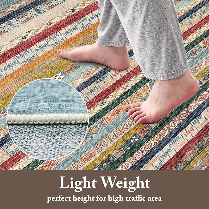 10x14 Washable Area Rug: Moroccan Large Neutral Boho Area Rug for Living Room & Bedroom Geometric Non-Slip Farmhouse Carpet for Living Room Red&Blue Colourful 10'x14'.