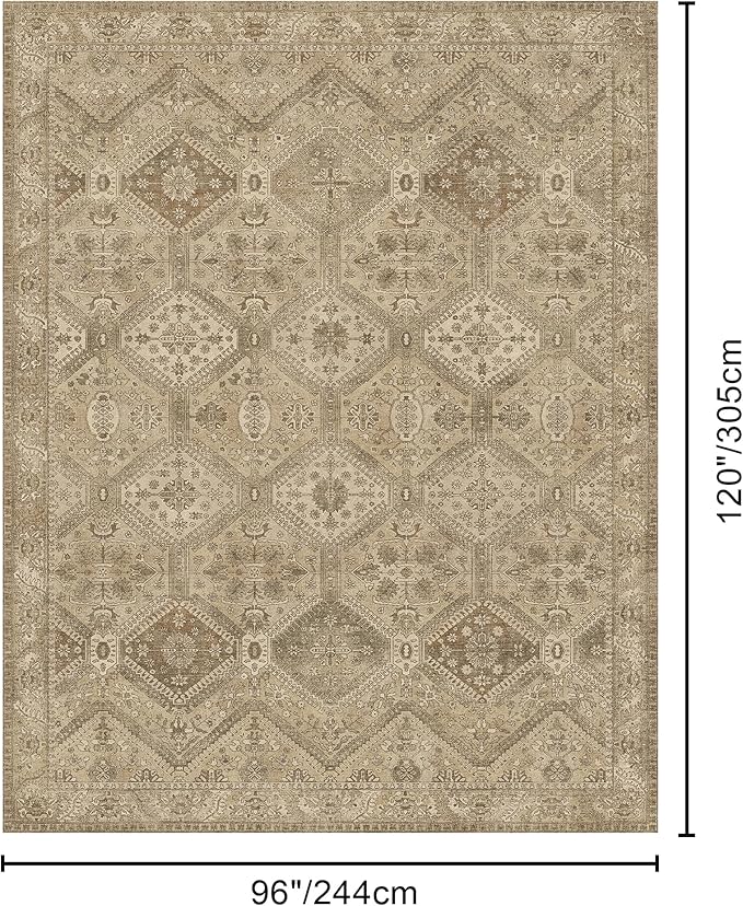 Bavni 8x10 Area Rugs for Living Room, Machine Washable Rug Non Slip, Vintage Chenille Distressed Print Carpet, Large Low Pile Ultra-Thin Lightweight Rugs for Bedroom, Dining Room, Office, Nut Brown