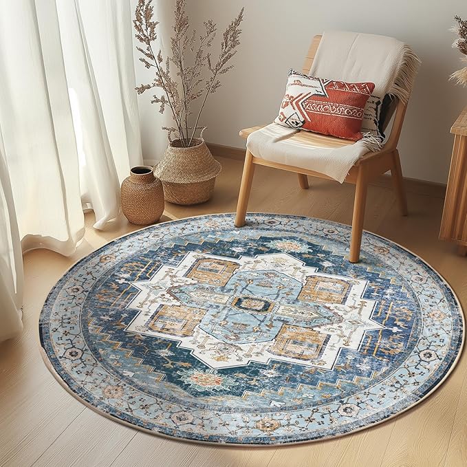 Washable 4ft Area Rugs, Rugs for Living Room, Low-Pile Water&Stain Resistant Carpet Vintage Distressed Printed Non-Slip Carpet for Bedroom Bathroom Kitchen-Sky Blue