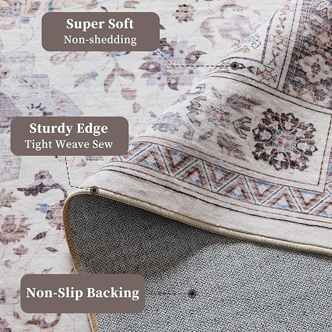 8x10 Rug, Washable Neutral Boho Modern Vintage Non Slip Floral Area Rugs, Low Pile Soft Rugs, Area Rugs, Slip Resistance Carpet, Pet-Friendly Carpet, Durable Rug for Living Room, Bedroom