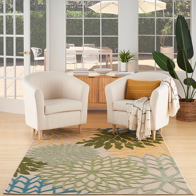 Nourison Aloha Tropical Indoor/Outdoor Green Multicolor 6' x 9' Area Rug, Easy Cleaning, Non Shedding, Bed Room, Living Room, Dining Room, Backyard, Deck, Patio (6x9)