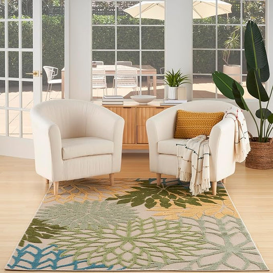 Nourison Aloha Tropical Indoor/Outdoor Green Multicolor 3'6" x 5'6" Area Rug, Easy Cleaning, Non Shedding, Bed Room, Living Room, Dining Room, Backyard, Deck, Patio (4x6)