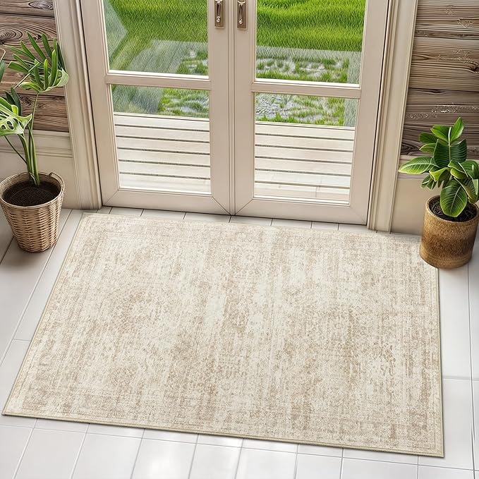 2x3 Washable Rugs for Kitchen, Floor, Entryway, Powder Room Small Area Rug Non-Slip Vintage Low Pile Throw Door Mat Beige
