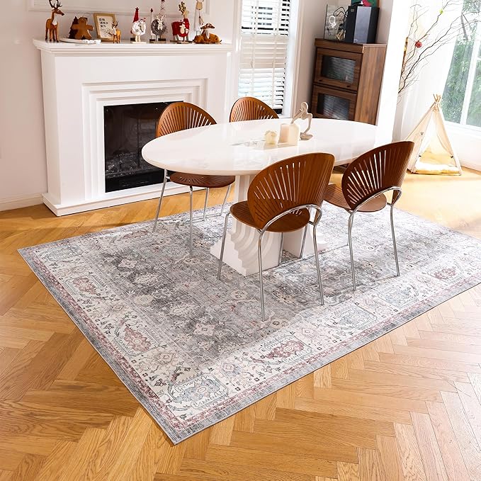 Carvapet Rugs for Living Room Bedroom, Vintage Low Pile Large Carpet with Rubber Backing, Non Slip Foldable, Machine Washable (9 x 6 Feet Rectangular, Grey/Pink Area Rug)