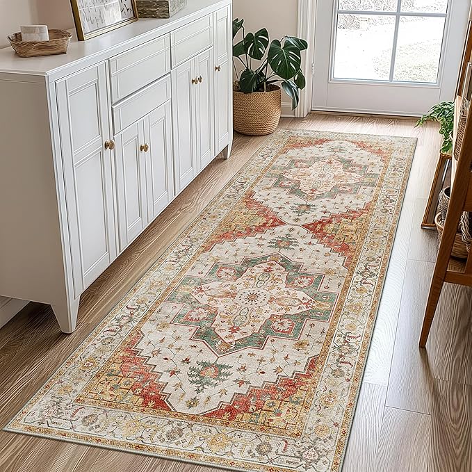 2X10 Area Rugs Machine Washable Runner Rugs for Living Room, Vintage Boho Rugs for Bedroom Dining Room, Non Slip Indoor Soft Distressed Lightweight Thin Low Pile Carpet, Yellow Slate Green