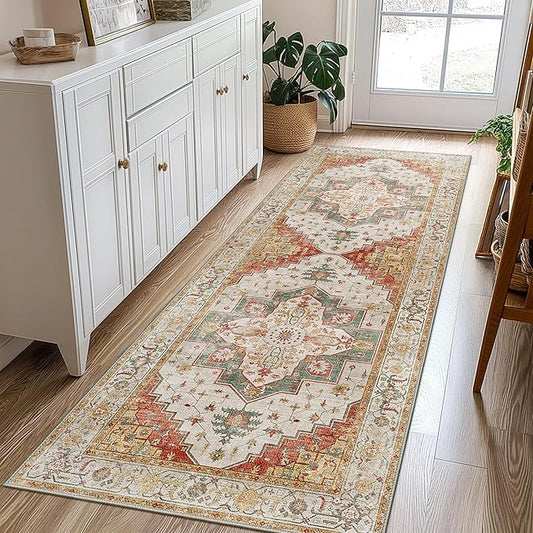 2X10 Area Rugs Machine Washable Runner Rugs for Living Room, Vintage Boho Rugs for Bedroom Dining Room, Non Slip Indoor Soft Distressed Lightweight Thin Low Pile Carpet, Yellow Slate Green