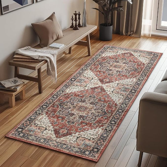 jinchan Runner Rug 2x6 Washable Hallway Runner Soft Thin Vintage Low Pile Non Slip Distressed Carpet Kitchen Runner Rug Oriental Medallion Rug for Bathroom Bedroom Laundry Room Terra Red Multi