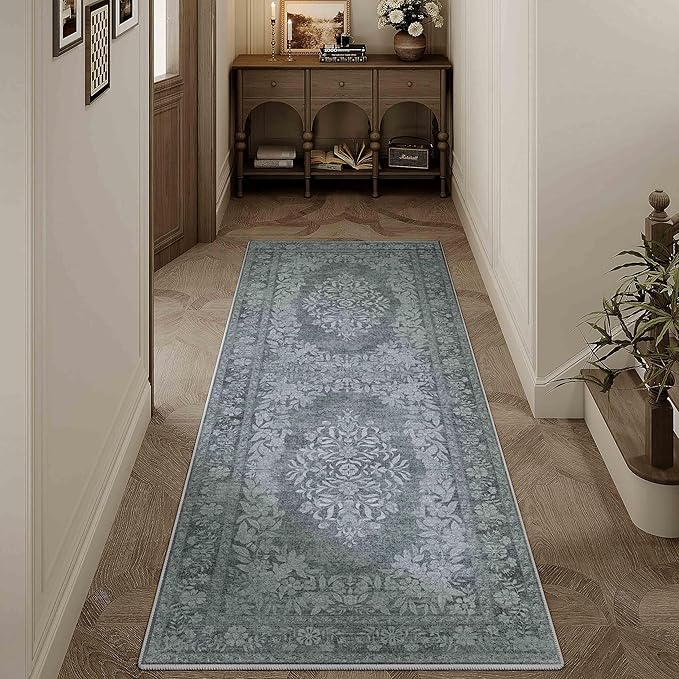 2x6 Runner Rug Gray Washable Hallway Kitchen Bedroom Vintage Distressed Bathroom Non Slip Medallion Floral Carpet Indoor Retro Throw Floor Mat for Office Dining Laundry Living Room
