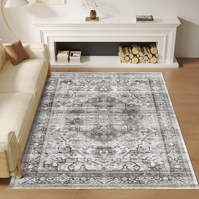 Washable Modern Rug 4x6, Small Distressed Anti-Skid Rugs for Living Room, Distressed Vintage Boho Rug Floor Carpet Bedroom Dining Room Office
