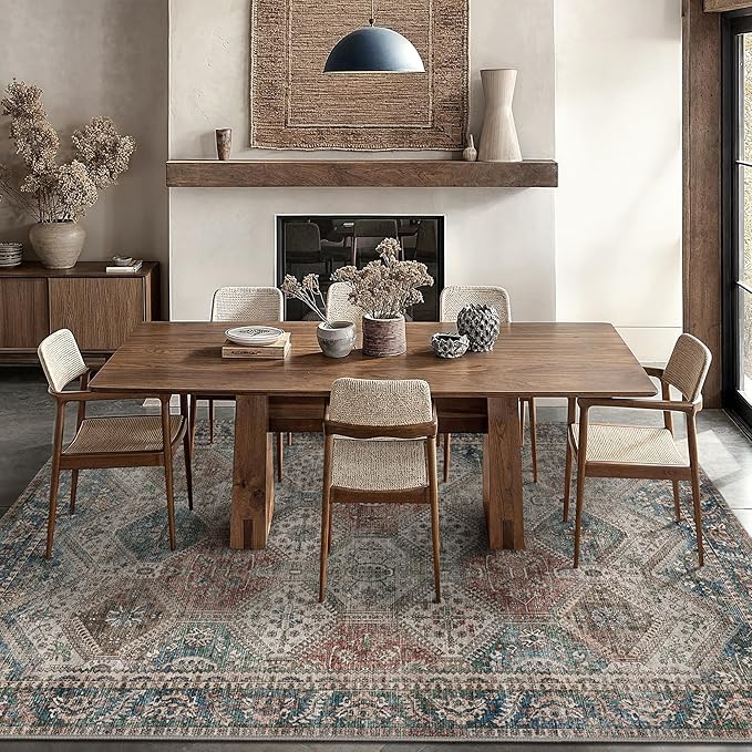 Bavni 3x5 Area Rugs for Living Room, Machine Washable Rug Non Slip, Vintage Chenille Distressed Print Carpet, Large Low Pile Ultra-Thin Lightweight Rugs for Bedroom, Dining Room, Home, Office, Red