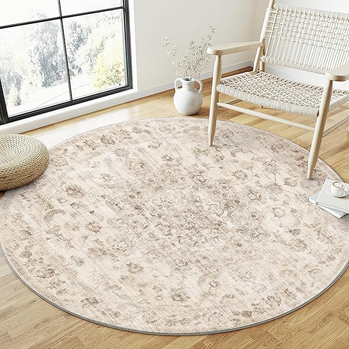 3x3 Washable Neutral Round Rug Beige Entryway Kitchen Non-Slip Low Pile Floral Area Rug Vintage Soft Thin Carpet for Entrance Bathroom Indoor Door Mat Dorm Dining Room