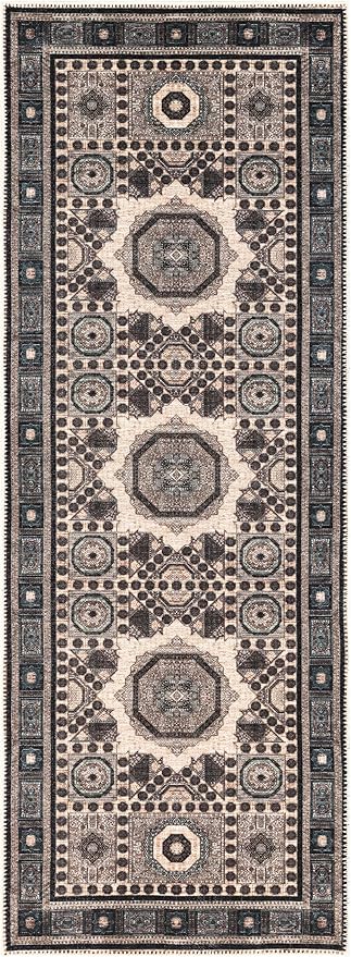 Keen Home Design 2'6" x 10' Machine Washable Runner Rug with Non-Slip Backing, Ideal for Hallway, Entryway, Kitchen, Laundry Room - Vintage, Easy Clean, Durable, Low Pile - Beige / Indigo Blue