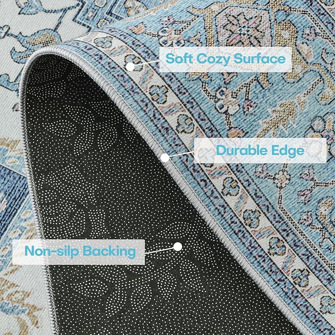 YJ.GWL Large Area Rug for Living Room, 5x7 Machine Washable Boho Rug for Bedroom, Low Pile Lightweight Thin Rugs Floral Vintage Distress Print Pattern Carpet for Dining Room, Light Blue