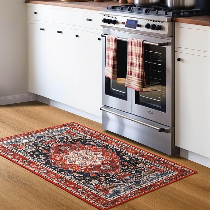 YJ.GWL Doormat Boho Area Rug 2x3, Machine Washable Small Low Pile Lightweight Thin Entryway Rug, Floral Vintage Distress Print Pattern Carpet for Entrance Kitchen Bedroom, Red