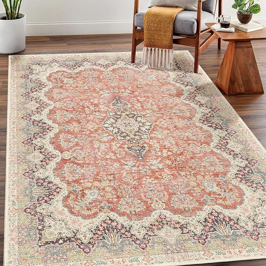 Boho Rug 3x5 Area Rugs, Washable Vintage Rug for Bedroom Living Room Kitchen Office Laundry Room, Non Slip Small Soft Rugs Retro Distressed Floor Carpet, Red Grey