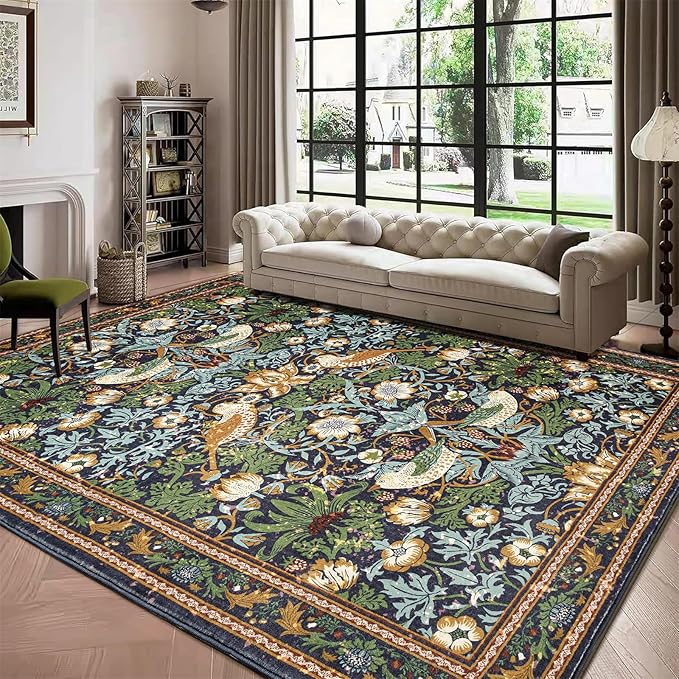 Strawberry Thief Area Rug Dark Green, Ultra Thin 6x9 Washable Carpet, Modern Abstract Indoor Entryway Rug, Boho Vintage Floral Forest Botanical Rug for Bedroom Kitchen Dining Living Room Office