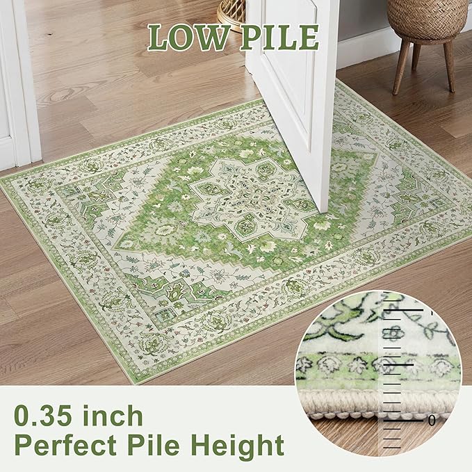 2.6x8 Washable Runner Rug for Hallways, Non Slip Vintage Runner Rug, Soft Low Pile Long, Print Distressed Green Carpet Runners for Kitchen Bedroom Entryway Bathroom Living Room