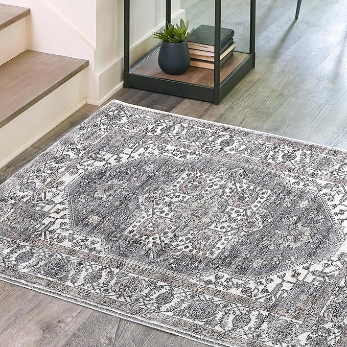 Vintage Area Rug, 2x3 Washable Rugs for Living Room Bedroom Entryway Indoor Door mat, Distressed Boho Country Accent Rugs, Thin Low-Pile Floor Carpet for Kids Pet (Brown)