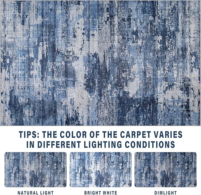 10x14 Area Rugs for Living Room: Large Machine Washable Area Rug with Non Slip Backing Non Shedding Abstract Stain Resistant Carpet for Bedroom Dining Room Nursery Home Office - Beige/Blue