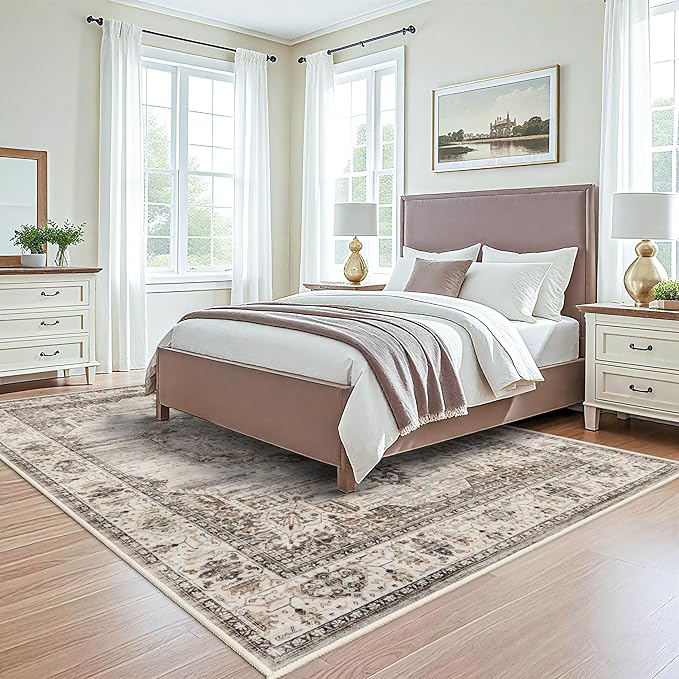Washable Rugs 7x9 Area Rug：Large Rugs for Living Room - Oriential Distressed Printed Floral Carpet - Non Slip with Rubber Backing Area Rug 7'x9' Beige