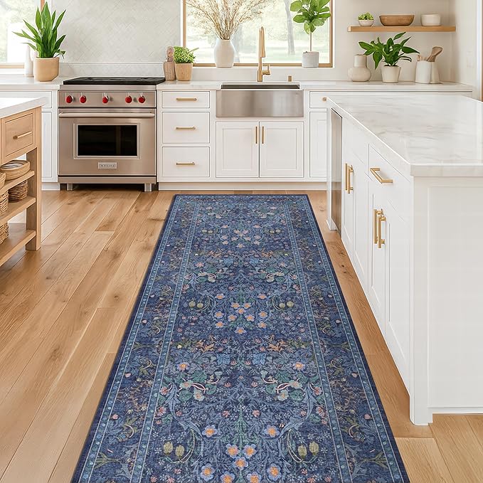 Non Slip 2x6 Dark Blue Bathroom Runner Rug - Long Runner Rugs 24 x 72 Washable Kitchen Floor Mat, Laundry Room Rug, Hallway Runner - Vintage Floral Design Décor