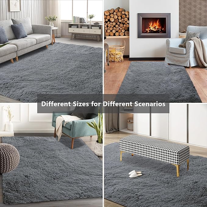 Shag Area Rugs for Bedroom Living Room,4X6 Ultra Soft Fluffy Area Rugs for Dorm, Indoor Carpet Nursery Rugs for Kids Room Home Decor,Dark Grey 4X6