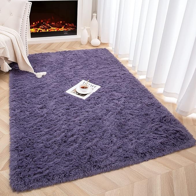 Foxmas Soft Fluffy Area Rugs for Bedroom Kids Room Plush Shaggy Nursery Rug Furry Throw Carpets for Boys Girls, College Dorm Fuzzy Rugs Living Room Home Decorate Rug, 3ft x 5ft, Grey Purple